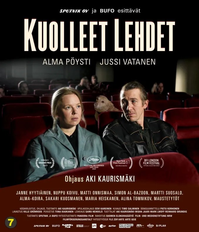 Cinema poster for Koulleet Lehdet (Fallen Leaves) by Aki Kaurismäki, showing the to main characters sitting in a cinema
